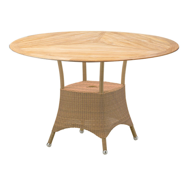 Round wooden tabletop with natural wood grain; cream-colored woven base adds a textured, modern touch.