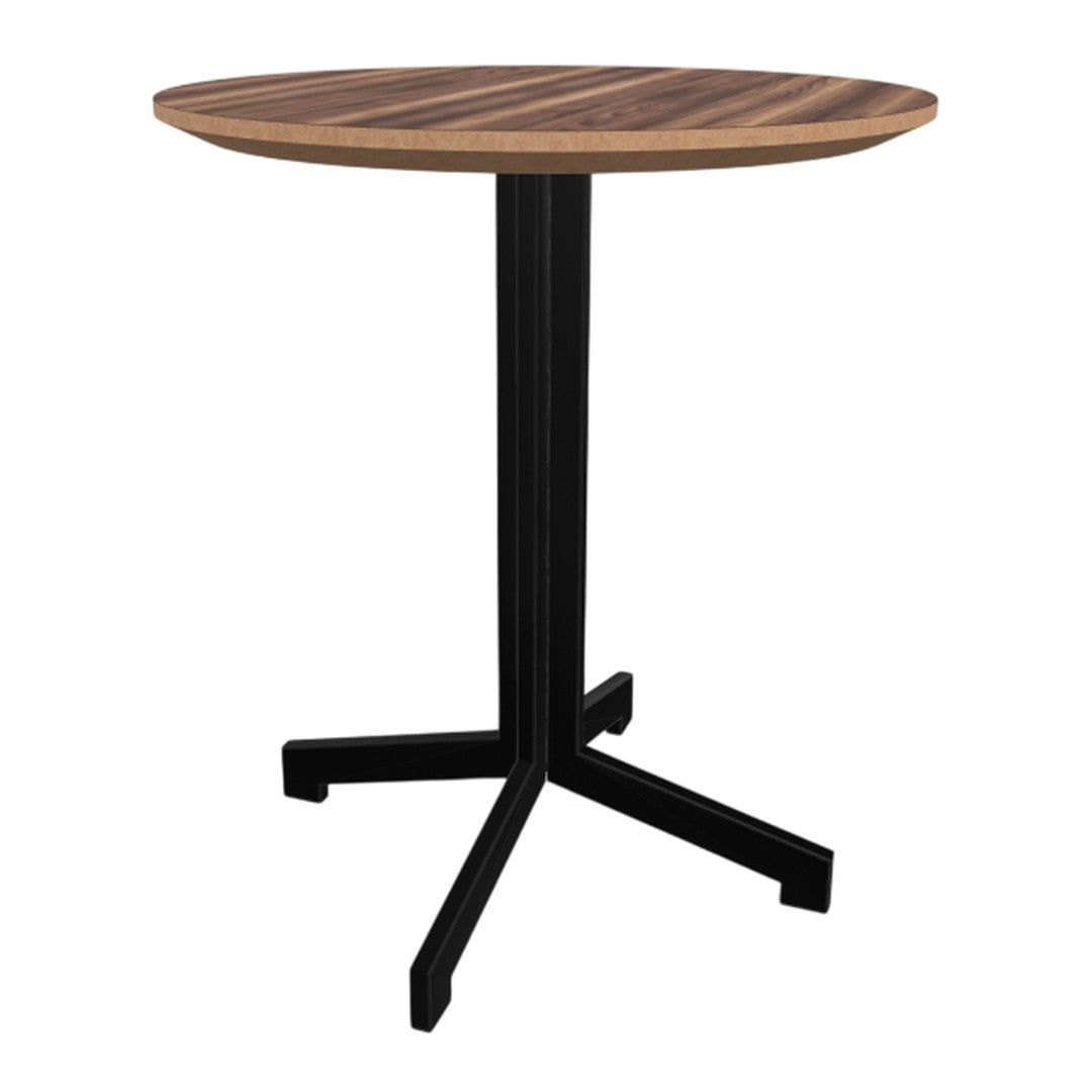 Round wooden table with a natural wood grain finish and a sleek black metal base, adding a modern touch.