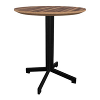 Round wooden table with a natural wood grain finish and a sleek black metal base, adding a modern touch.