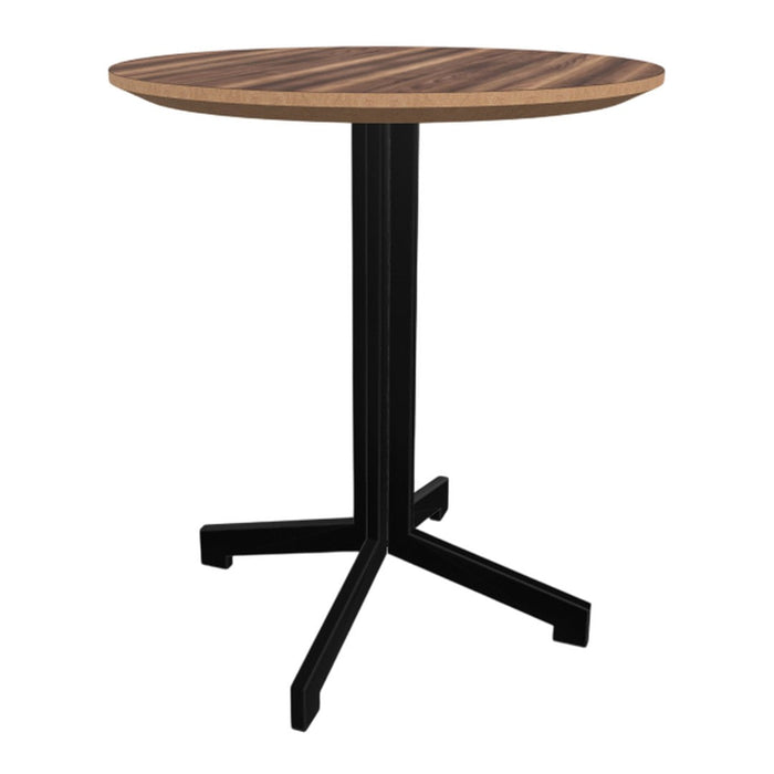 Round wooden table with a natural wood grain finish and a sleek black metal base, adding a modern touch.