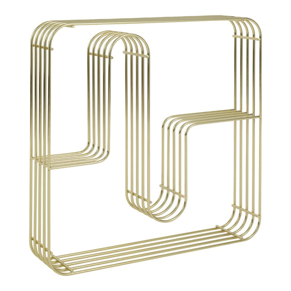 Gold metal wall shelf featuring a sleek, modern design with clean lines and smooth, polished finishes.