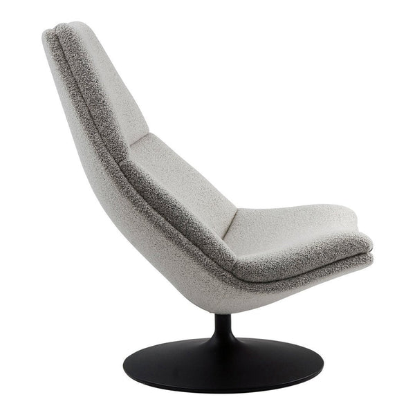 Gray upholstered chair with a smooth texture and black circular base, showcasing a minimalist design.
