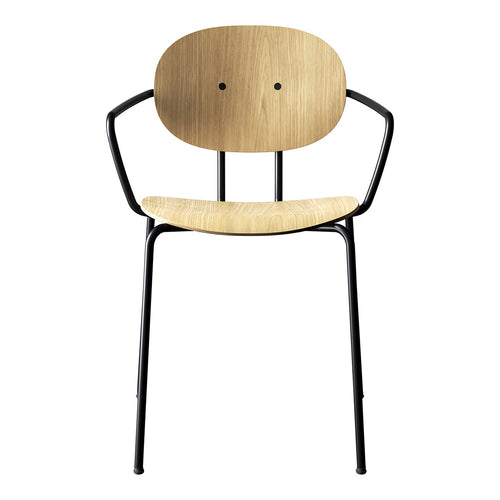 "Natural wood seat and backrest with a sleek black metal frame, featuring a minimalist design."