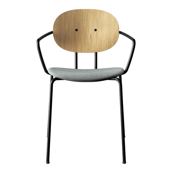 Modern chair featuring a light wood backrest, gray cushion seat, and black metal frame for a stylish look.