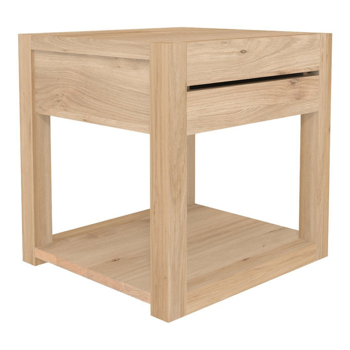 Light oak wood nightstand with a smooth finish, featuring a minimalist design and subtle grain patterns.