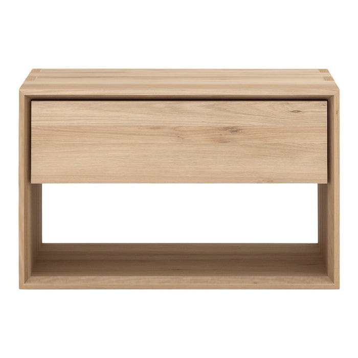 Light oak nightstand featuring a minimalist design with a smooth wood grain finish and natural hues.