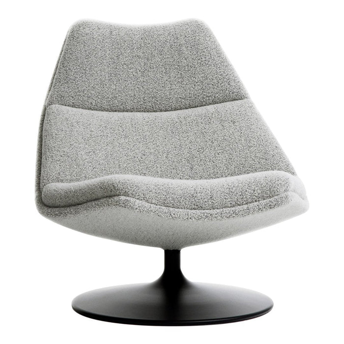 Modern gray swivel chair with a soft, textured finish and sleek black base, featuring smooth, curved lines.