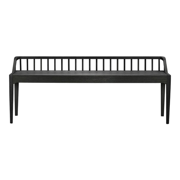Black wooden bench with a slatted backrest and minimalistic design, showcasing sleek lines and smooth finish.