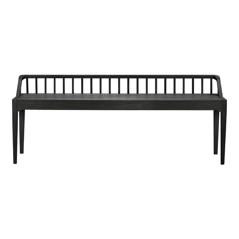 Black wooden bench with a slatted backrest and minimalistic design, showcasing sleek lines and smooth finish.