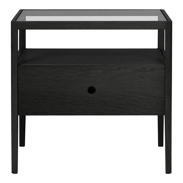 Black wooden nightstand with a glass top and sleek minimalist design, featuring a single drawer and open shelf.
