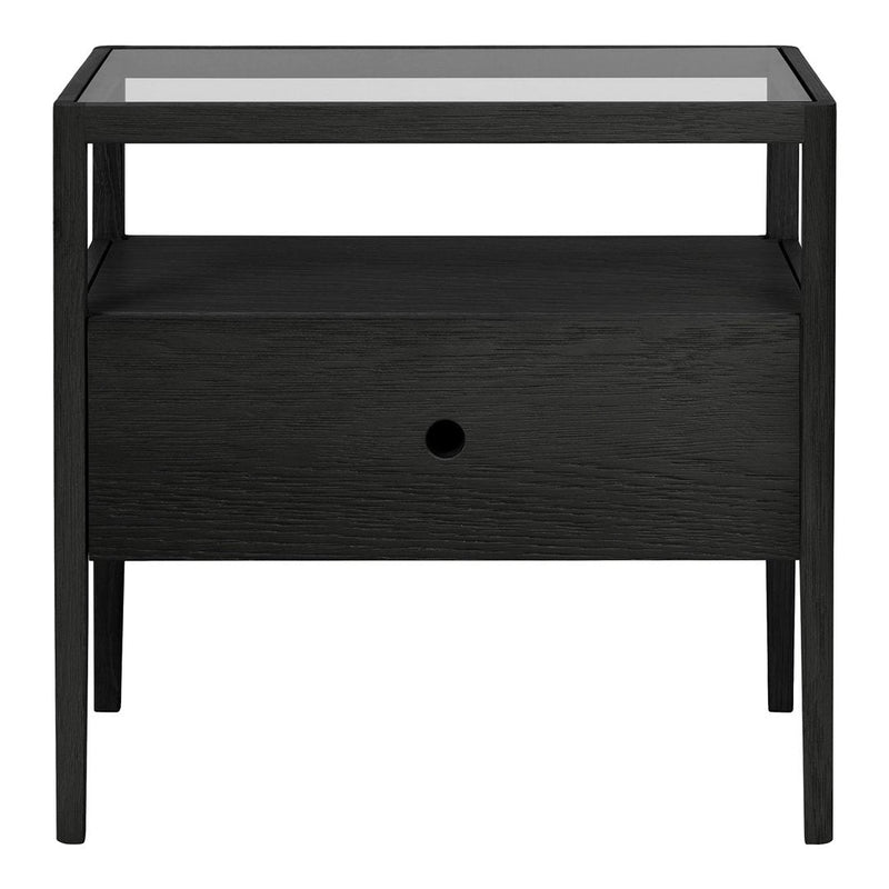 Black wooden nightstand with a glass top and sleek minimalist design, featuring a single drawer and open shelf.