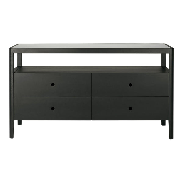 Stylish black wooden console table with a sleek top and four drawer fronts featuring minimalist circular handles.