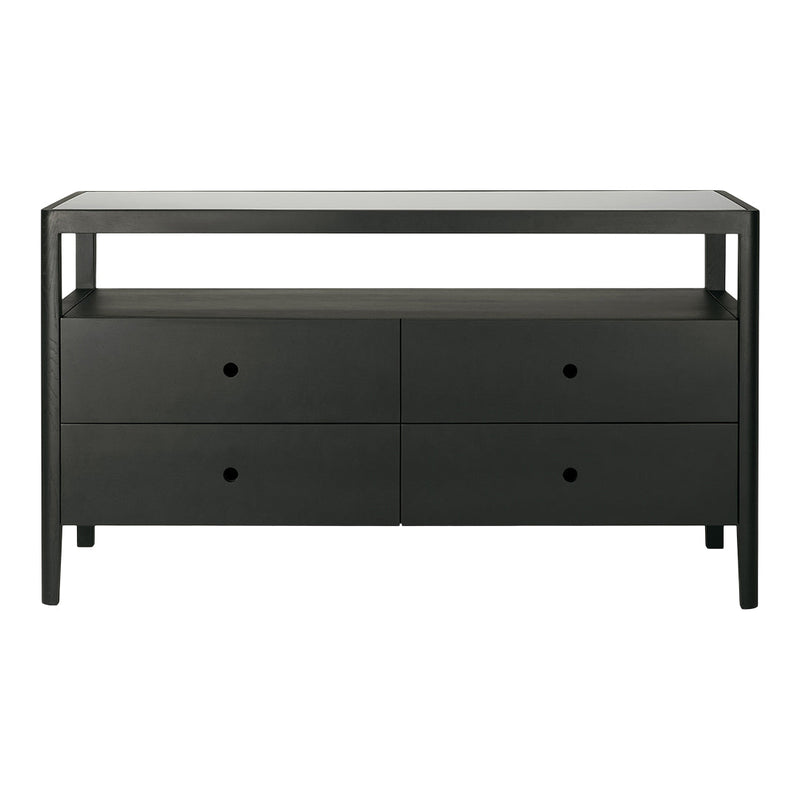 Stylish black wooden console table with a sleek top and four drawer fronts featuring minimalist circular handles.