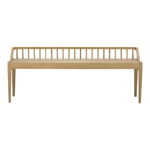 Natural wood bench with a smooth finish and slatted backrest, showcasing a warm light beige color.