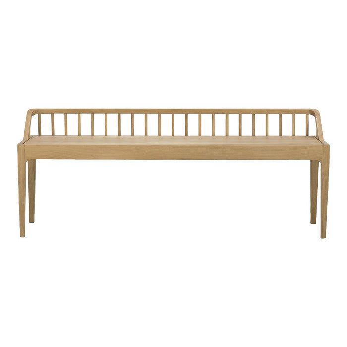 Natural wood bench with a smooth finish and slatted backrest, showcasing a warm light beige color.