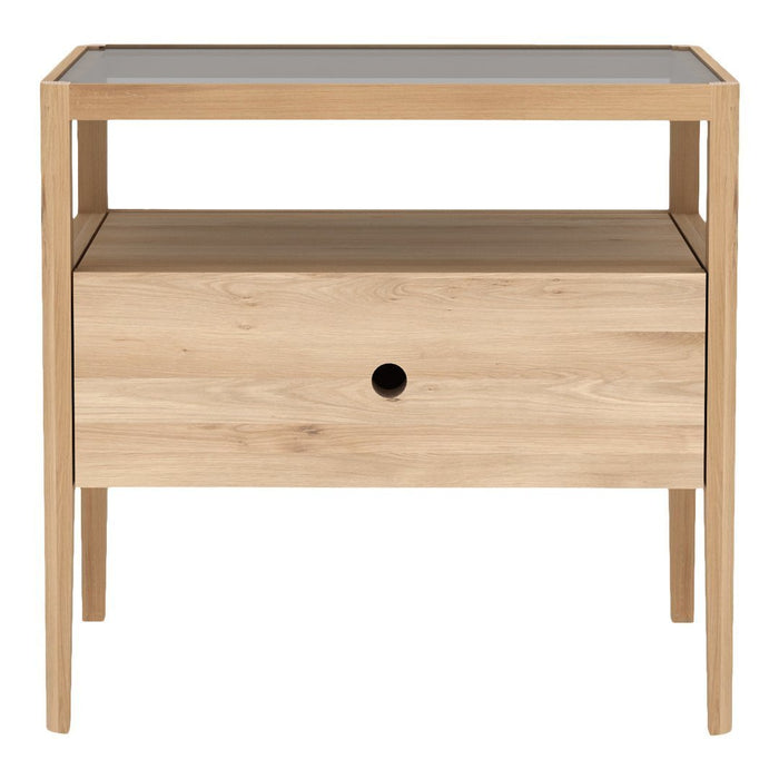 Light oak nightstand with minimalist design, featuring a glass top and smooth wooden finish. Ideal for modern decor.