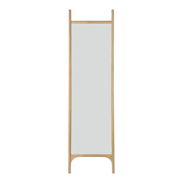 Natural wood frame with clean lines and a sleek, frameless mirror surface in soft gray tones.