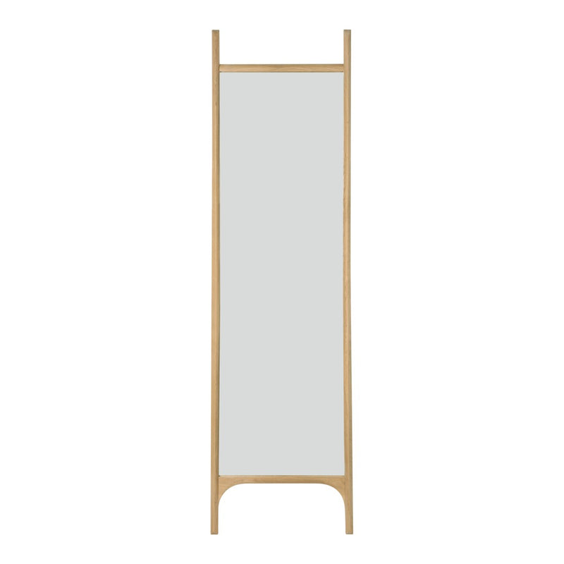 Natural wood frame with clean lines and a sleek, frameless mirror surface in soft gray tones.