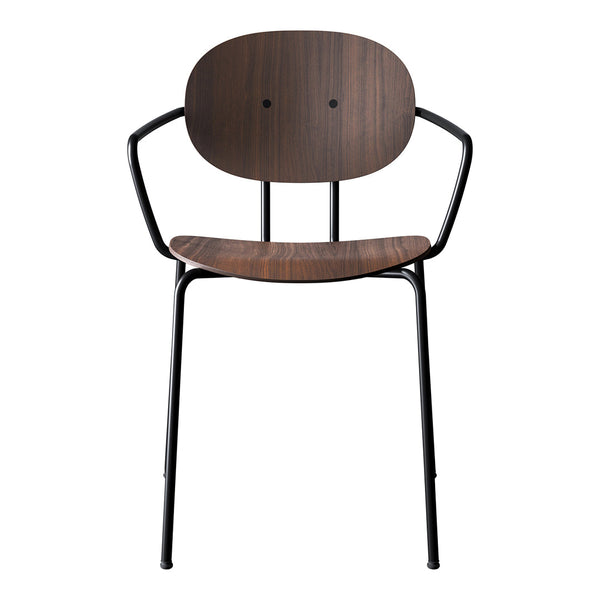 Wooden chair with a rich brown finish and sleek black metal legs; minimalist design with a smooth, curved shape.