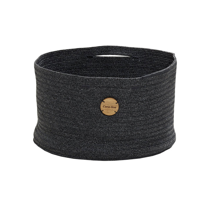 Stylish dark gray fabric storage basket with textured pattern and wooden logo tag. Ideal for organizing any space.