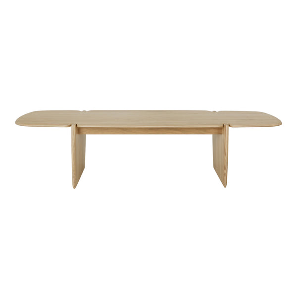 Light natural wood dining table with smooth, minimalistic design and subtle curves on the edges. Perfect for modern decor.