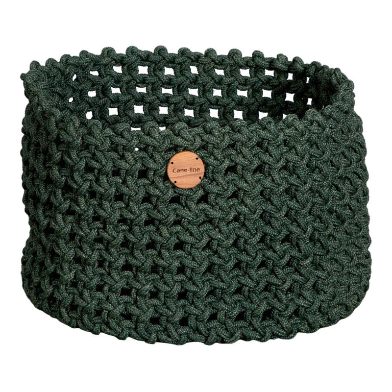 Handwoven green basket featuring a textured, open-knit pattern and a decorative wooden tag.