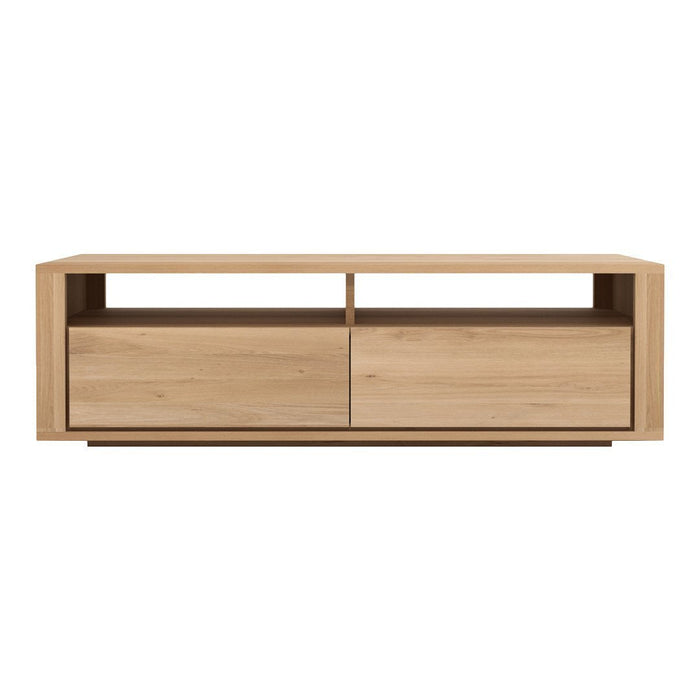 Light oak wood TV stand with a smooth finish and minimalist design, featuring natural wood grain patterns.