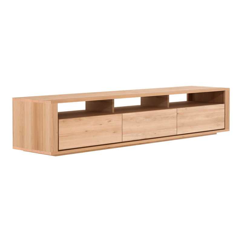 Natural light wood TV stand with a smooth finish and minimalist design, featuring three drawers and open shelving.