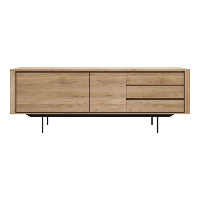 Modern wooden sideboard featuring a natural wood finish with sleek black metal legs. Minimalist design with clean lines.