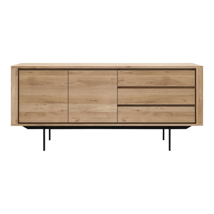 Modern wooden sideboard featuring a natural oak finish and sleek black metal legs. Minimalistic design with smooth textures.