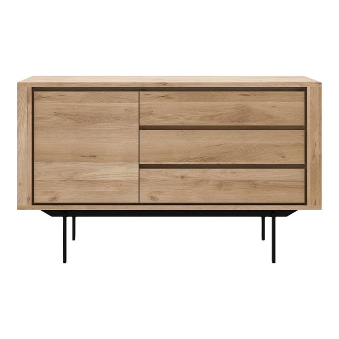Natural wood finish sideboard with smooth surfaces and contrasting black metal legs. Modern, minimalist design.