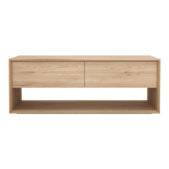 Light oak wood TV stand with a sleek, minimalist design and smooth, natural wood grain.