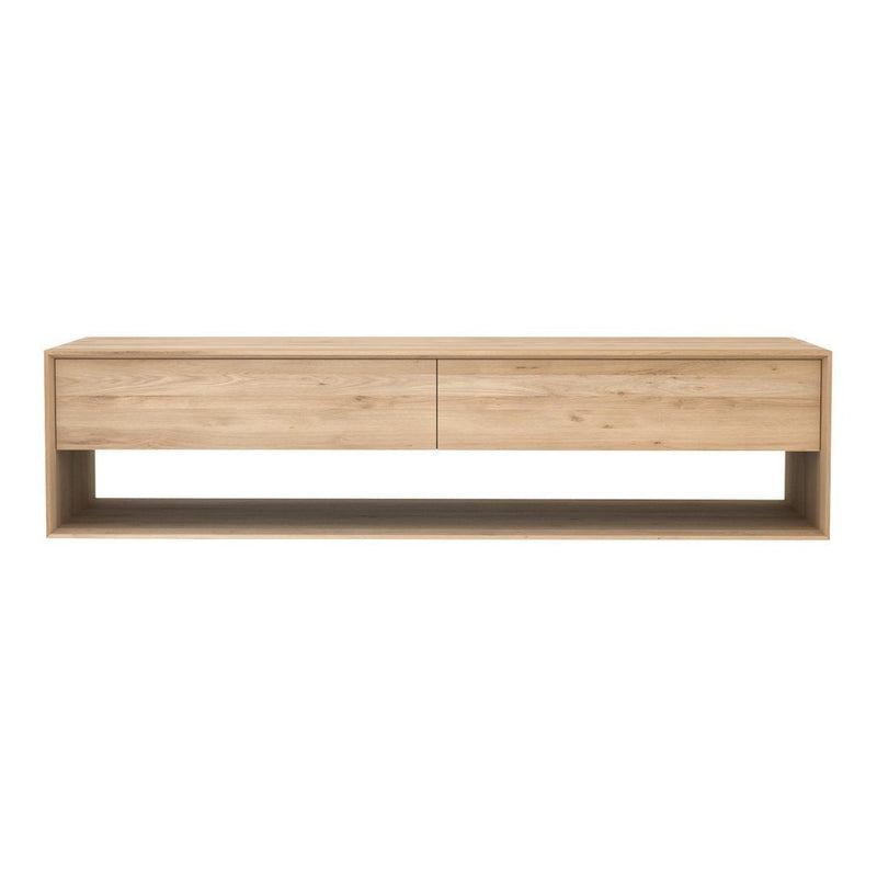 Natural light oak TV stand with smooth, minimalistic design and subtle wood grain pattern. Ideal for modern decor.