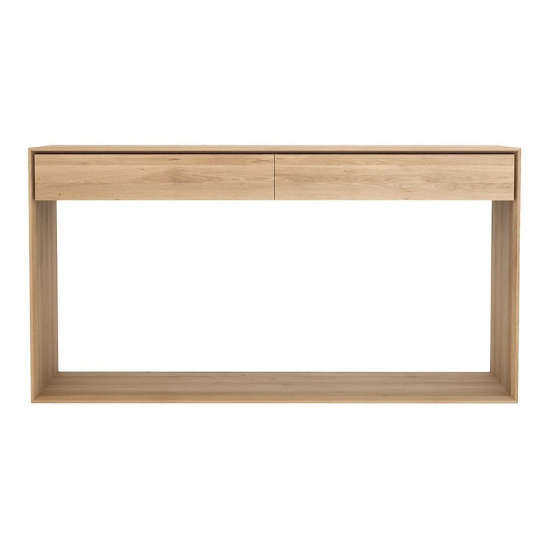 Natural wood console table with a light oak finish and sleek, minimalist design, featuring two spacious drawers.