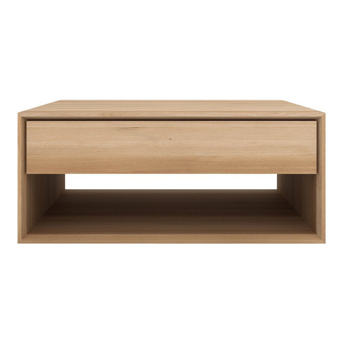 Natural wood finish coffee table with a smooth surface and minimalist design, featuring light beige tones and clean lines.