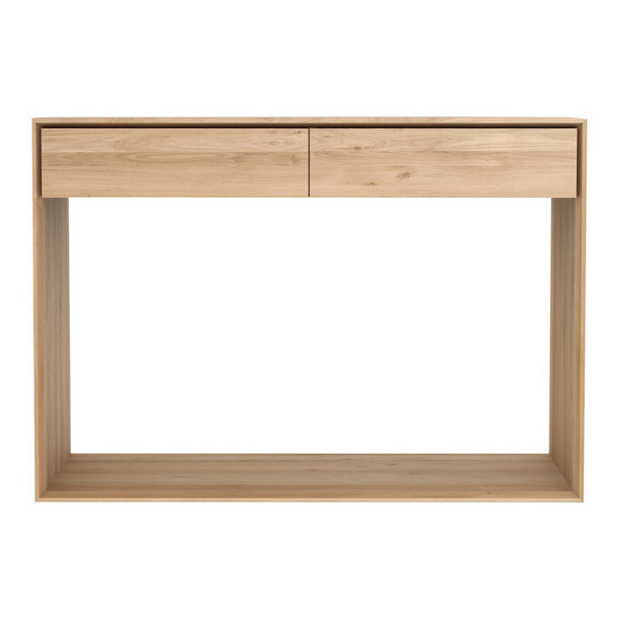 Light oak console table with a minimalist design featuring two drawers and a natural wood grain pattern.