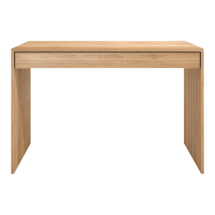 Natural wood desk in light oak finish with a smooth, minimalist design and subtle grain patterns. Perfect for any workspace.