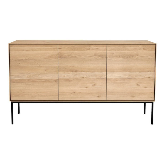 Light oak wood sideboard with smooth finish and minimalist black metal legs, featuring a seamless, natural pattern.