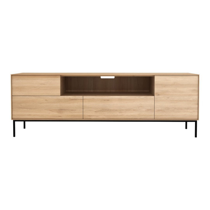 Light oak wood finish with a sleek, minimalistic design and black metal legs, featuring smooth surfaces and subtle grain patterns.