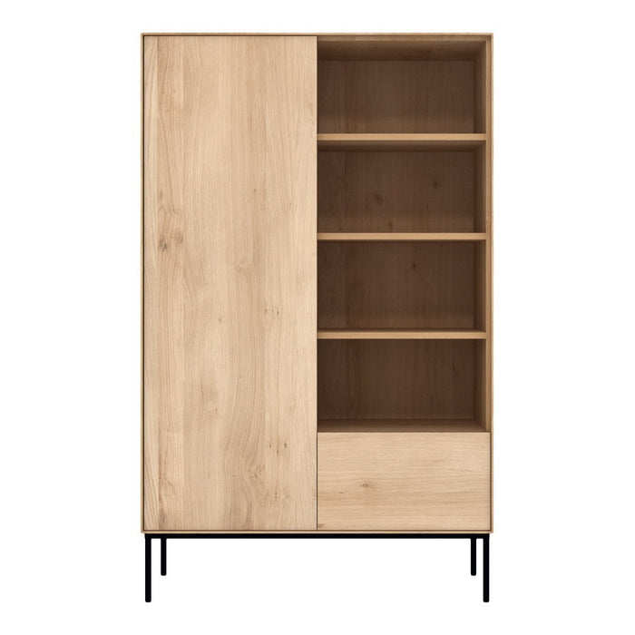Light wood cabinet with natural grain, a sleek black frame, and a minimalist design, featuring open shelves and a closed door.