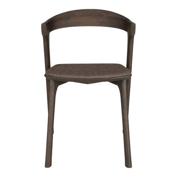 Brown wooden chair with a smooth finish and textured beige seat fabric, featuring a minimalist design.