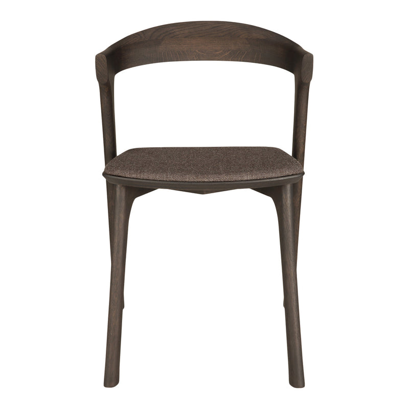 Brown wooden chair with a smooth finish and textured beige seat fabric, featuring a minimalist design.