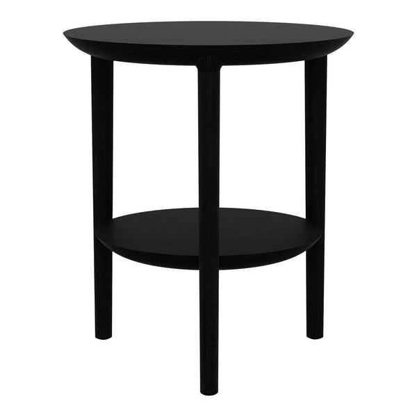 Black round side table with sleek, minimalist design and smooth surfaces. Perfect for modern decor.