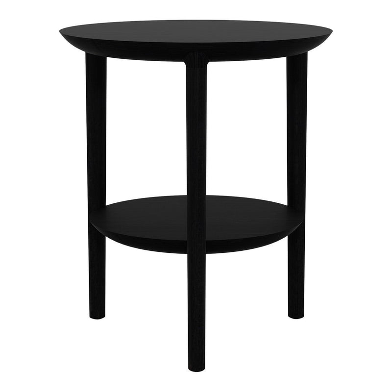 Black round side table with sleek, minimalist design and smooth surfaces. Perfect for modern decor.