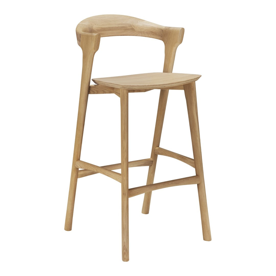 Natural wood bar stool with a light oak finish and smooth, minimalist design. Perfect for modern interiors.