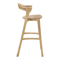 Natural oak bar stool with a light wood finish and smooth texture, featuring a minimalist design and graceful curves.