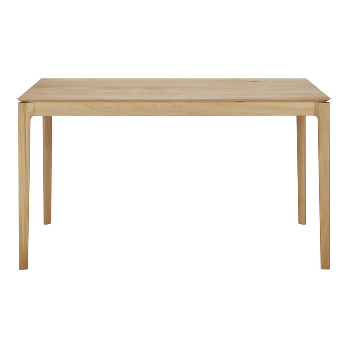Light oak rectangular dining table with a smooth surface and minimalist design, featuring clean lines and natural wood grain.