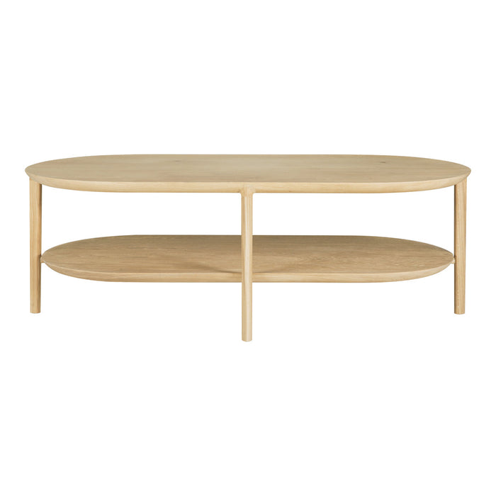 Light oak oval coffee table with a smooth surface and open shelf design, showcasing a natural, minimalist aesthetic.