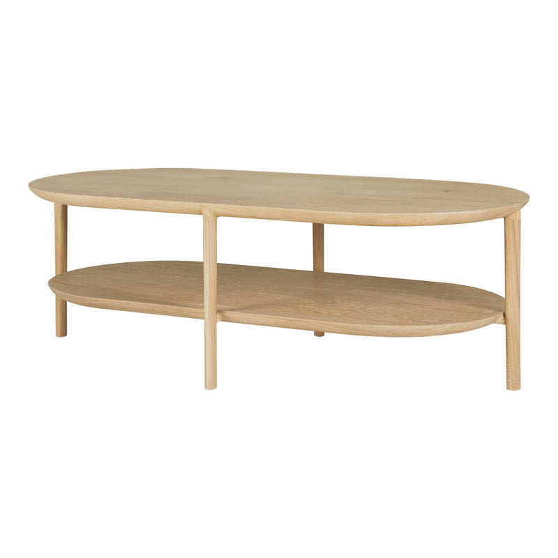 Light oak oval coffee table with a smooth, natural finish and minimalist design featuring two spacious shelves.