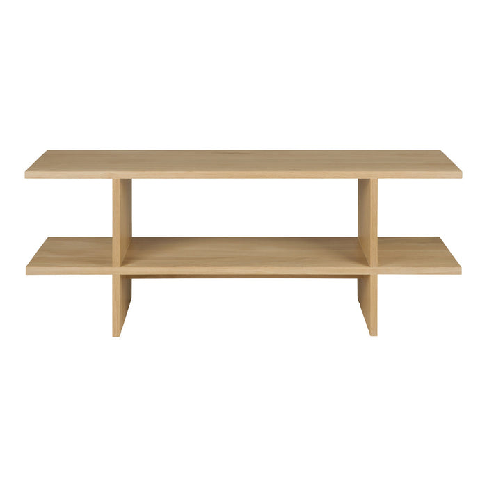 Natural light wood television stand with a clean, minimal design and smooth, even surface. Perfect for modern decor.